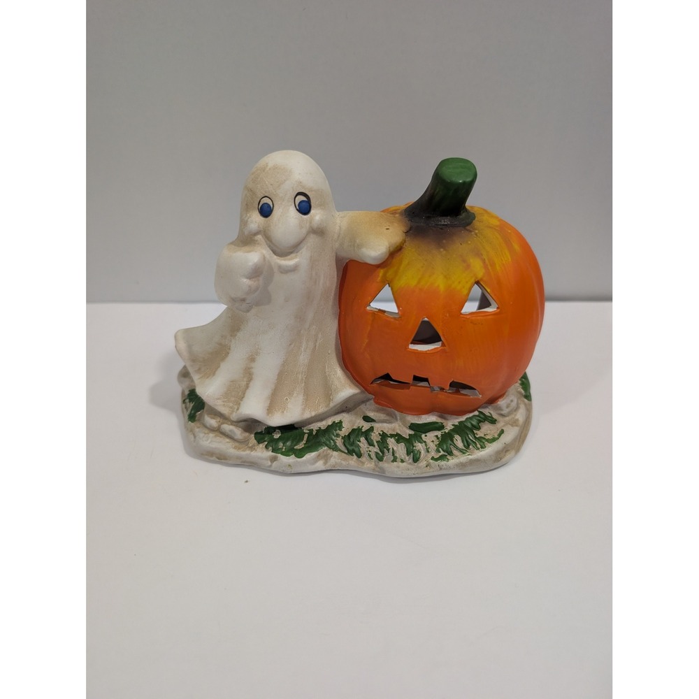 Vintage Halloween Ghost and Pumpkin Ceramic Tea Light Candle Holder Decor